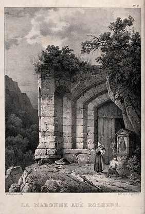 A family worshipping before an image of the Virgin with Child in the mountains. Lithograph by C. Engelmann after Villeneuve, 1824.