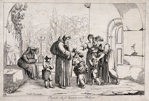 view Young women with their children kissing a reliquary presented to them by a hermit. Etching by Pinell, 1809.