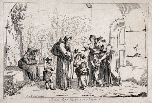 Young women with their children kissing a reliquary presented to them by a hermit. Etching by Pinell, 1809.