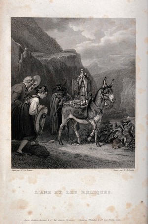 view Traveller with an ass carrying a shrine, which is venerated by a couple. Engraving by R. Corbould after X. Le Prince.