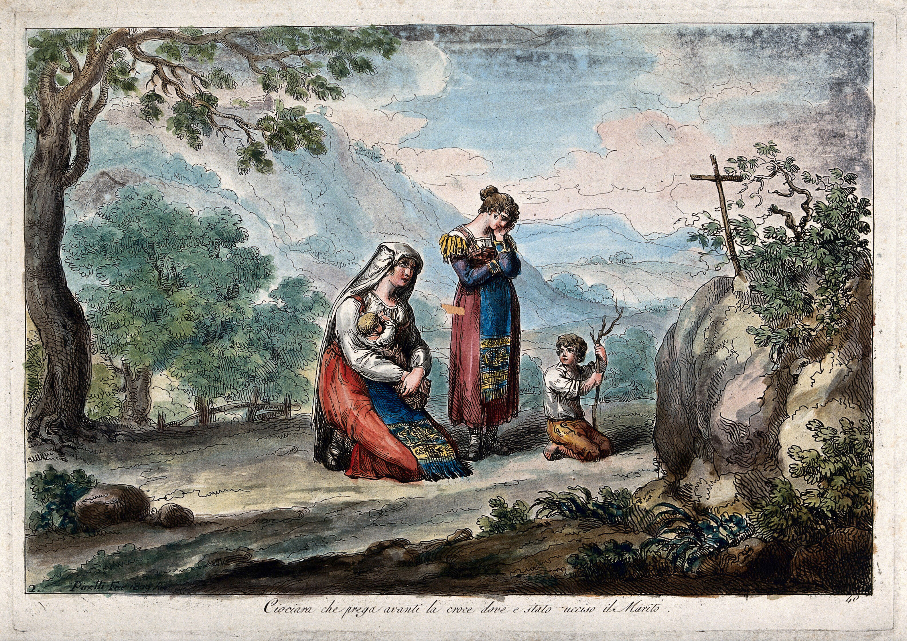 A Woman With Her Children Praying Before A Cross Where Her Husband