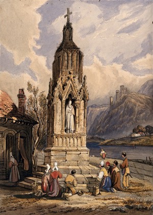 view People near a river praying before the figure of a saint on a memorial cross. Watercolour.