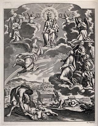 The 'Beata Vergine del soccorso' or 'Madonna del Borgo': the Virgin and Child as protectors of Bologna against the plague of 1527, invoked by angels and Saint Peter, Saint Paul, Saint Roch and Saint Sebastian. Engraving by L. Capponi.