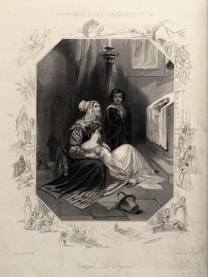 view Two women in prayer before an open shrine. Engraving by W. Holl and F. Holl after J. Browne.