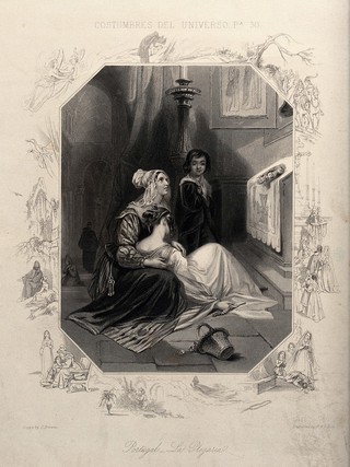 Two women in prayer before an open shrine. Engraving by W. Holl and F. Holl after J. Browne.