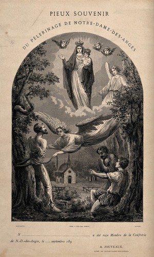 view Pilgrimage to the church of Notre-Dame-des-Anges: the Virgin sends an angel to liberate three travellers. Wood engraving by T. Hildibrand after Joannès Bertrand.