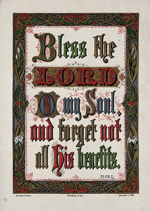 view A quotation from the psalms with a border of lilies. Chromolithograph.