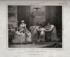 view Women at evening prayers in a private home. Engraving by Charles Heath, 1826, after H. Singleton.