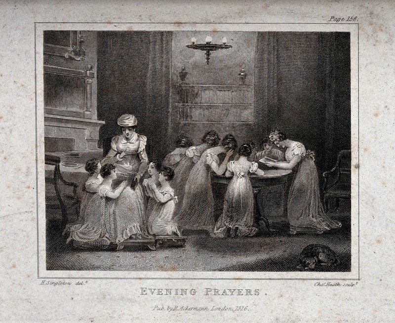 Women at evening prayers in a private home. Engraving by Charles Heath, 1826, after H. Singleton., 1826, by Henry Singleton