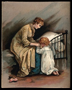 A child with its mother saying a prayer at night. Chromolithograph.