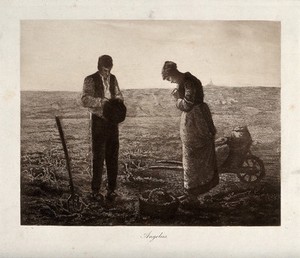 view Peasants interrupting their work for the Angelus. Lithograph after J.F. Millet.