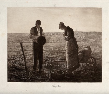 Peasants interrupting their work for the Angelus. Lithograph after J.F. Millet.