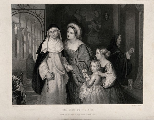 A nun being visited in the monastery by female relatives. Engraving by S. Smith after Sir C.L. Eastlake.