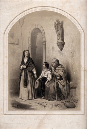 A woman giving money to beggars at the entrance to a church or convent. Colour lithograph by Valerio.