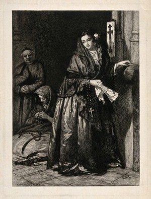 view A woman entering church for the rosary. Etching by G. W. Rhead after G. Phillips, 1857.
