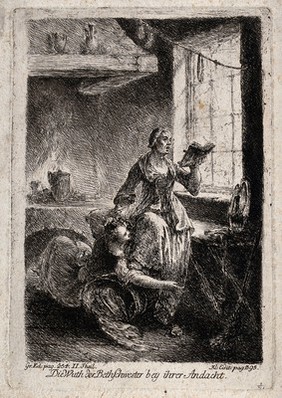 A woman attacking another who is intent on her devotions. Etching by J.H. Rode after B. Rode.