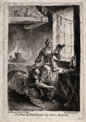 view A woman attacking another who is intent on her devotions. Etching by J.H. Rode after B. Rode.