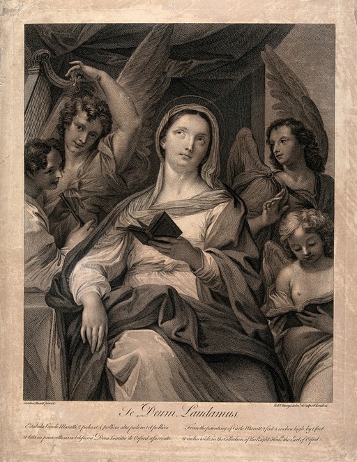 St. Cecilia accompanied by angels making music. Engraving by Robert Strange after Carlo Maratta.