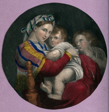 The 'Madonna della Sedia', the Virgin with Child and Saint John the Baptist. Coloured engraving after Raphael, 1512-15.