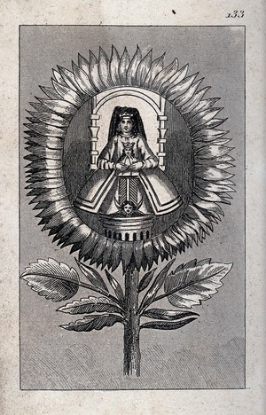 view The Virgin with Child and a seraph within a sunflower. Etching.