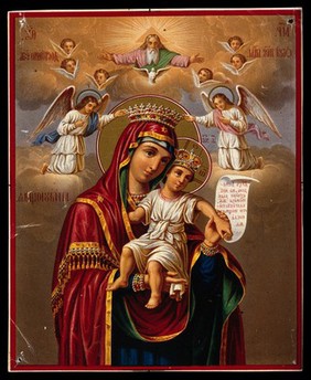 The Virgin and Child being crowned by angels, and above them is God the Father and the dove of the Holy Spirit. Colour lithograph.