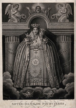 view The Virgin of Fourvieres at Lyon. Engraving by E. Baudran after L.F. Aubry.