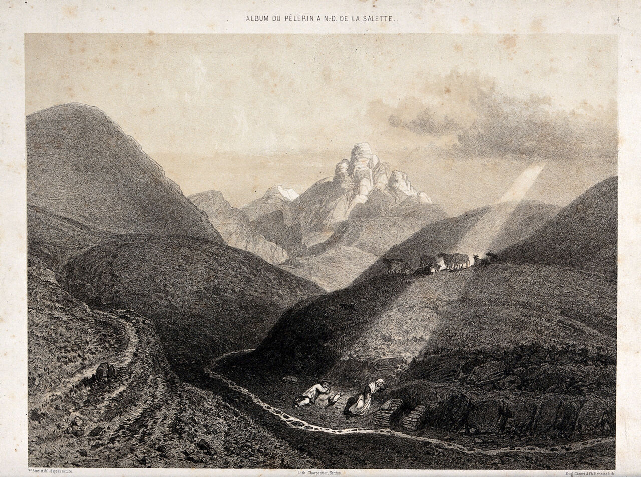 Two sleeping cowherds on the Mont-sous-les-Baisses just before an appearance of the Virgin of the Salette. Lithograph by E. Ciceri and Ph. Benoist after F. Benoist., 1855, by Félix Benoist