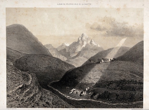 Two sleeping cowherds on the Mont-sous-les-Baisses just before an appearance of the Virgin of the Salette. Lithograph by E. Ciceri and Ph. Benoist after F. Benoist.