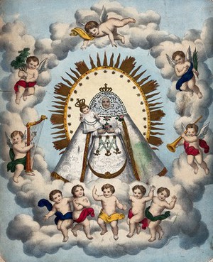 view The Virgin with Child on clouds with angels. Coloured lithograph by N. Thomas.