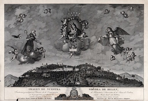 The Virgin of Belen with St. Paul the hermit and Archangel Raphael; and the hermitage of the Sierra de Cordoba. Engraving by F. Jordan, 1827, after Diego de Monroy y Aguilera, 1825.