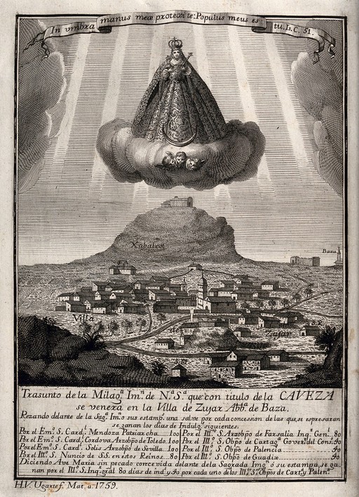 The Virgin and Christ Child 'Nuestra Senora de la Caveza' at Zujar. Engraving by H. V. Ugarte, 1759.