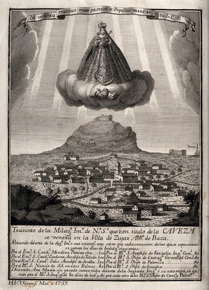 view The Virgin and Christ Child 'Nuestra Senora de la Caveza' at Zujar. Engraving by H. V. Ugarte, 1759.