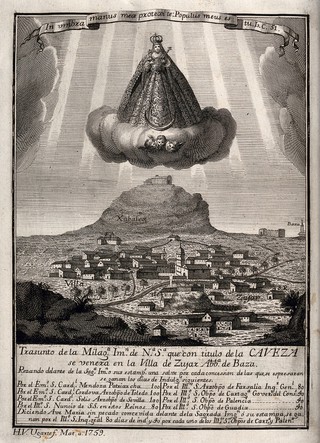 The Virgin and Christ Child 'Nuestra Senora de la Caveza' at Zujar. Engraving by H.V. Ugarte, 1759.