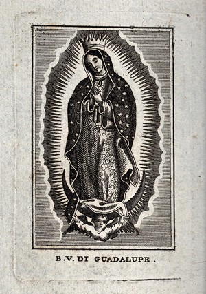 view The Virgin of Guadalupe. Etching.