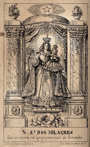 view The Virgin of the Miracles in the parish church of Sernache. Lithograph.