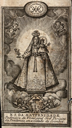 view The Virgin of Maternity, patron of the Third Order of Penitence in the church of S. Salvador at Coimbra. Etching.