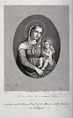 The Virgin of Health of S. Maria della Carità at Bologna. Engraving by L. Martelli, 1852.