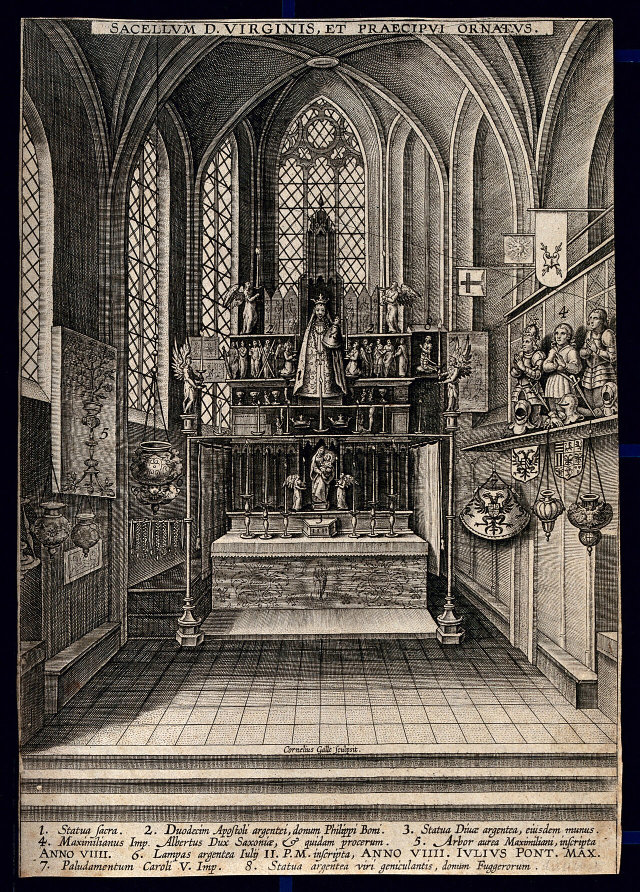 Shrine of the Blessed Virgin in an unidentified church in the Netherlands. Engraving by Cornelius Galle., by Cornelis Galle the Elder