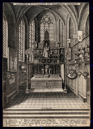 view Shrine of the Blessed Virgin in an unidentified church in the Netherlands. Engraving by Cornelius Galle.