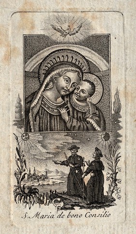 The Virgin of Good Advice protecting two pilgrims. Engraving.