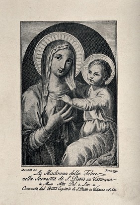 The Virgin of Fevers in the sacristy of St. Peter's in the Vatican in Rome. Photoengraving after P.L. Bombelli, 1792.