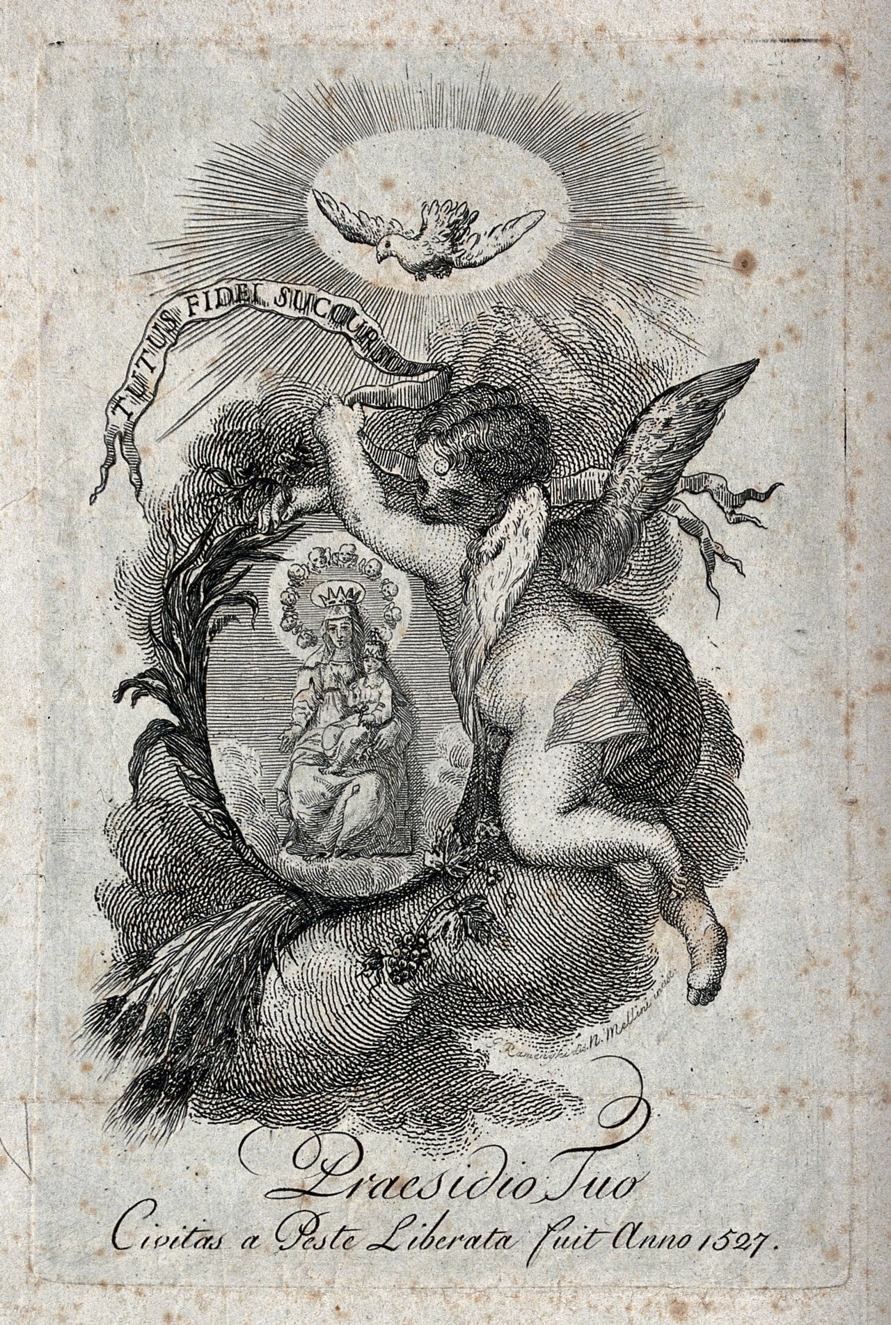 An angel carries the image of the Virgin of Succour of the sanctuary in the Borgo San Pietro at Bologna. Etching by N. Mellini after G.B. Ramenghi., by Giovanni Battista Ramenghi
