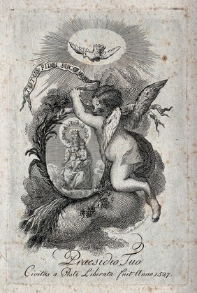 An angel carries the image of the Virgin of Succour of the sanctuary in the Borgo San Pietro at Bologna. Etching by N. Mellini.