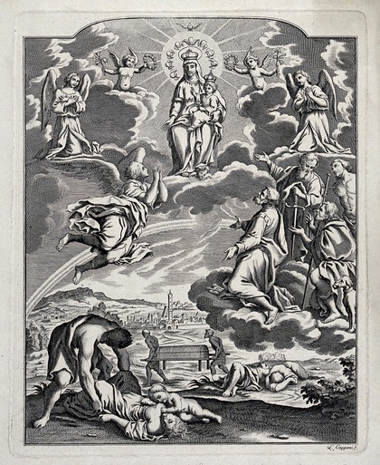 The Virgin of Succour venerated in the Sanctuary in the Borgo San Pietro at Bologna, appears above Bologna and is asked by Saints Peter, Paul, Roch and Sebastian to liberate the city from the plague of 1527. Engraving by L. Capponi.