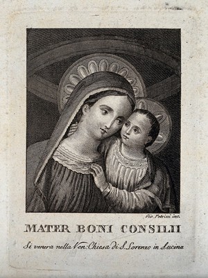 view The Virgin of Good Council in S. Lorenzo at Lucino. Engraving by G. Petrini.