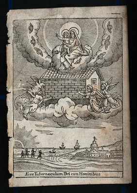 The Virgin of Loreto and the Santa Casa being carried away by angels. Woodcut.