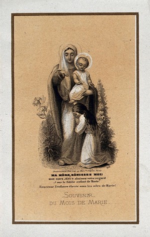 view A girl asking the Virgin and Christ Child for their blessing. Engraving, 186-.