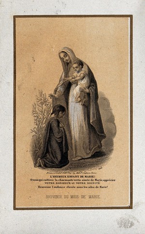 view The Virgin and Christ Child blessing a boy. Engraving, 186-.