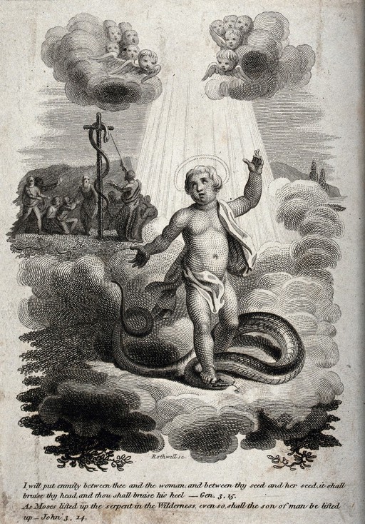 Christ smashing the head of the serpent; Moses lifting up the serpent on a cross-shaped pole (Num. 21.8-9). Etching by Rothwell.