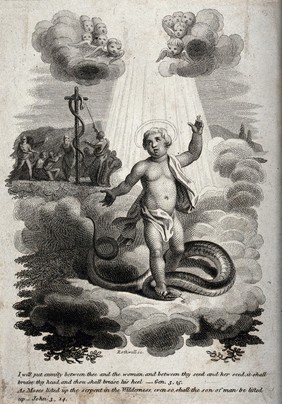 Christ trampling the head of the serpent; Moses lifting up the serpent on a cross-shaped pole (Num. 21.8-9). Etching by P. Rothwell.